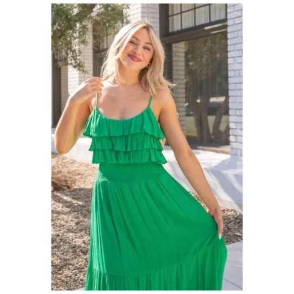 Emerald Green Rayon Gauze Ruffle Smocked Waist Sleeveless Midi Dress